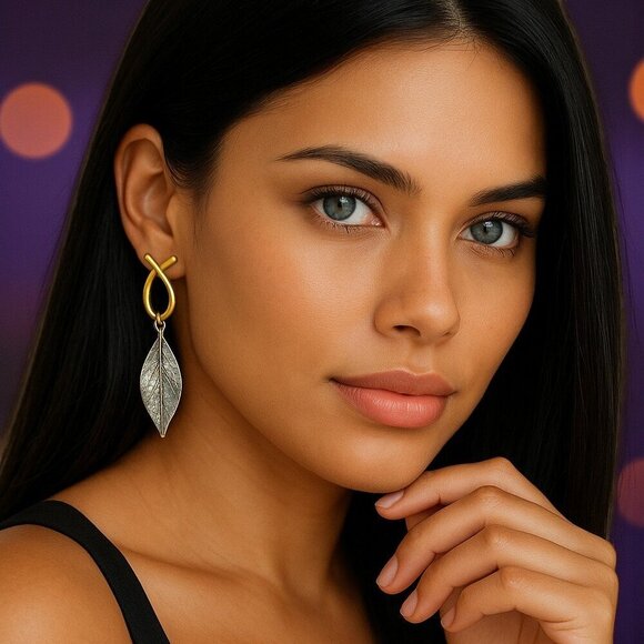 🆕Turkish Handmade 18K Gold Leaf Dangle Earrings Boho Chic Artisan Jewelry - Picture 8 of 11